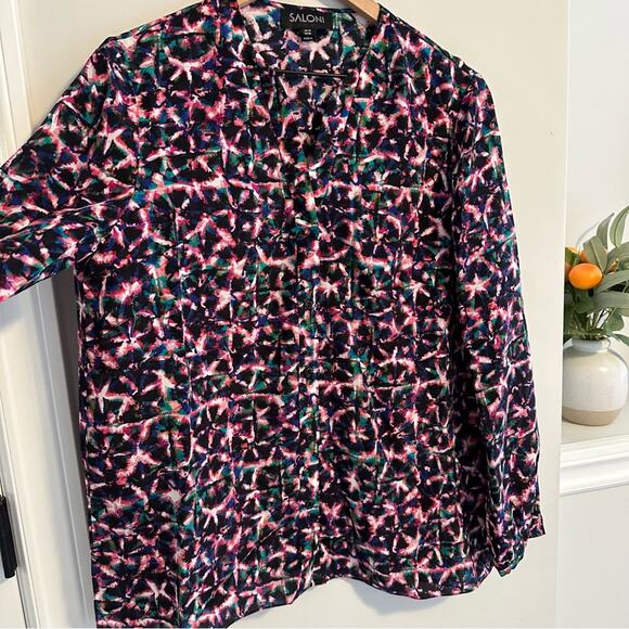 SALONI Pink Black Silk Printed Long Sleeve Blouse 10 - Picture 5 of 8